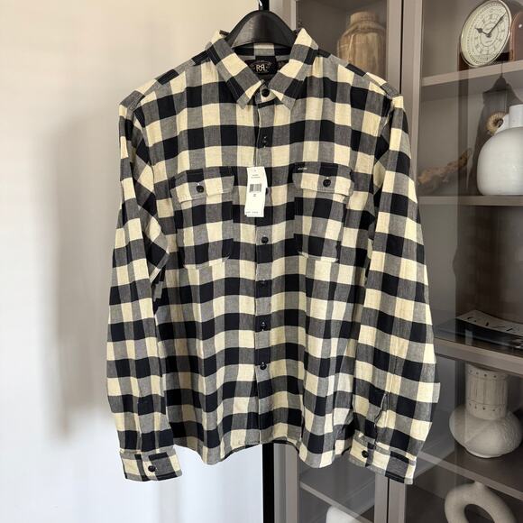RRL Ralph Lauren Double RL Buffalo Check Flannel XXL NEW Linen Black Tan Shirt - Picture 1 of 6